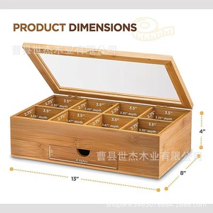 Boîte à sachets de thé en bois avec couvercle en acrylique, organisateur de rangement à ouverture rabattable pour sachets de thé et sachets de café, forme rectangulaire avec tiroir - Product Image 2