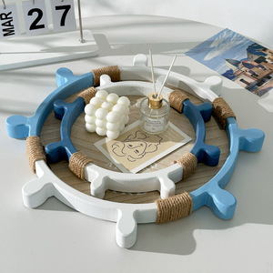 Mediterranean Style Wooden Ship Wheel Tray Round <b>Pine</b> Storage <b>Table</b> Top Decor For Fruit Tea Cups Minimalist Ocean Theme - Product Image 4