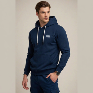 <b>Men's</b> <b>Navy</b> Blue Solid Embroidered Hooded Cotton <b>Fleece</b> Sweatshirt Casual Pullover with Front Pocket - Product Image 1