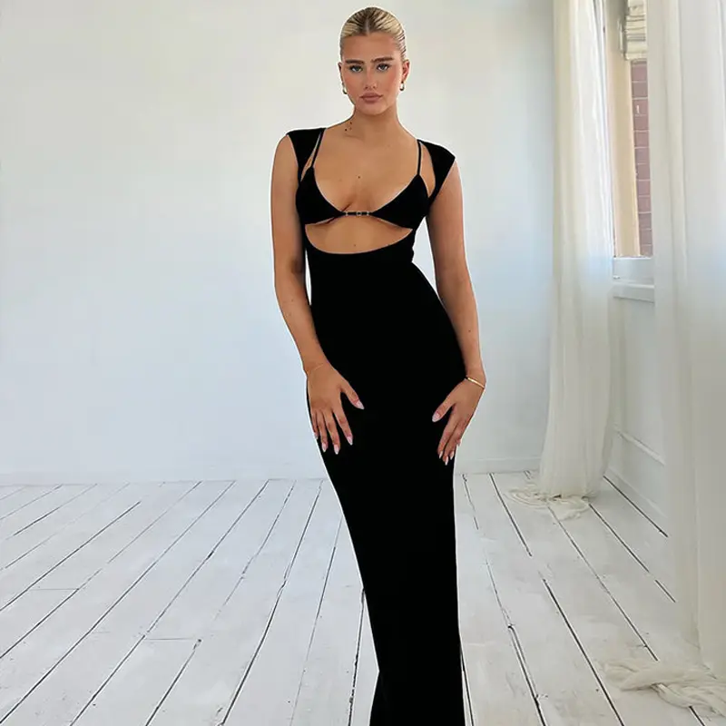 Gaun Maxi Hitam Elegan Seksi Dua Cara untuk Memakai Gaun Pesta Bodycon Berongga