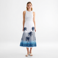 Robe midi pour femme, sans manches, col rond, corsage smocké, imprimé palmiers blancs et bleus, coupe évasée, imprimé bordure, personnalisable, vente en gros