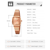 Montre à quartz carrée vintage pour femme SKMEI 2292, étanche 30M, bracelet en acier inoxydable, élégante montre-bracelet pour femme