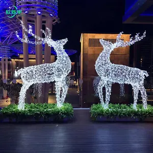 Venta caliente al aire libre a gran escala Navidad Reno trineo 3D escultura ciervo Navidad al aire libre decoración Led Elk tema Luz