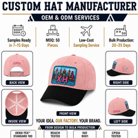 Casquette de baseball personnalisée à 6 panneaux en coton délavé, rose et noir, avec patch brodé paysage urbain, OEM ODM, visière incurvée, style décontracté et tendance