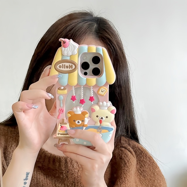 Cute Hollow Bear Dessert House Anti-Fall Mobile Phone Case for iPhone 17 for Apple 16 14 15pro Max Real Silicone Cartoon INS Pro