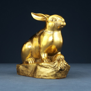 Copper Rabbit Figurine Yellow Traditional <b>Desk</b> Decor Home Office Gift Chinese New Year - Product Image 1