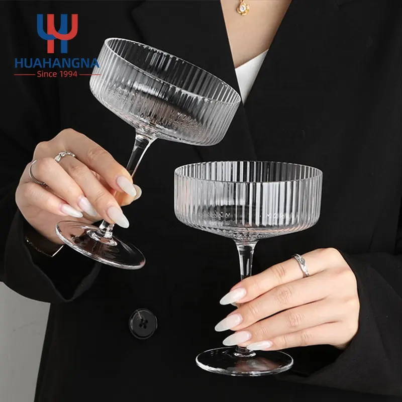 Creative Hand Made Champagne Flute Glasses 9.5oz Art Deco Stemmed Vintage Ribbed Coupe Martini Cocktail Glasses in Gift Box