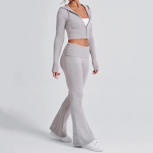 Ingrosso su misura autunno e inverno nuovo colore solido Slim maglia felpa con cappuccio Top pantaloni Casual completo due pezzi Set <span class=keywords><strong>donna</strong></span> - Product Image 3