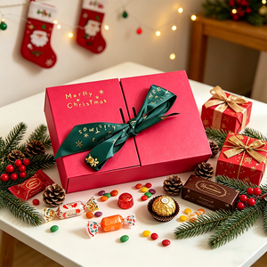 Boîte <span class=keywords><strong>cadeau</strong></span> <span class=keywords><strong>de</strong></span> Noël rouge personnalisée en gros avec nœud en satin vert, boîte rigide à double porte pour chocolats, bonbons et biscuits <span class=keywords><strong>de</strong></span> fêtes - Product Image 1
