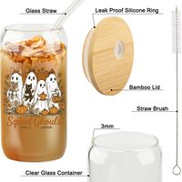 Mug à café/bière en verre de 16 oz personnalisé avec logo d'Halloween du fabricant, avec couvercle en bambou et paille, idéal pour les événements festifs