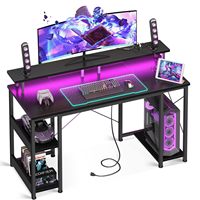 Bureau de jeu de 48 pouces avec éclairage LED et prises électriques, bureau d'ordinateur avec support pour écran et étagères de rangement, bureau à domicile noir