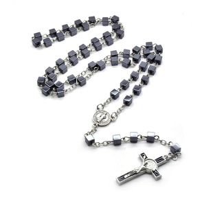 Kalung manik-manik batu empedu hitam kalung liontin salib antik kalung rosario religius grosir