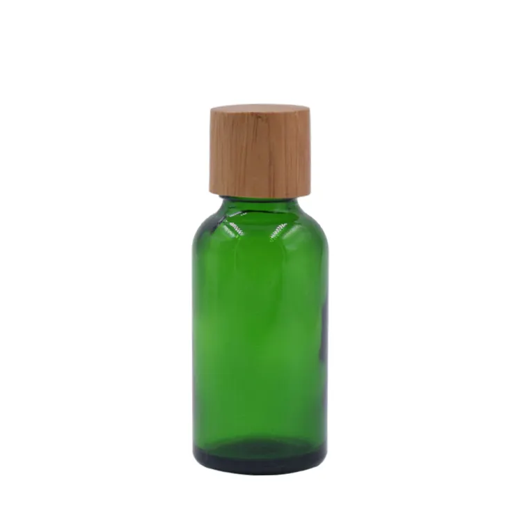 Cubo de aceite vacío cuadrado de 2 onzas, 15ml, tamaño de muestra, vidrio, 4oz, esmerilada pared gruesa, botella con cuentagotas de madera y verde