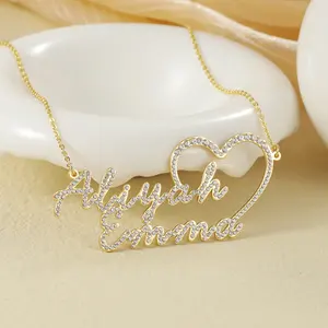 Custom Heart Double Name Necklace Personalized Iced Heart Pendant Stainless Steel Jewelry For Women