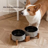 Mangkuk Makanan Keramik Tinggi dengan Alas Kayu Akasia 400ml/850ml Portabel & Tahan Air 2-in-1 Mudah Dibersihkan untuk Kucing & Anjing