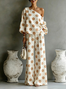 Bold Polka Dot Two Piece Outfit Off Shoulder <strong>Flowy</strong> <strong>Top</strong> &amp; Wide Leg Pants Summer Casual Wear - Product Image 1
