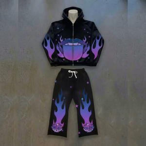 Conjunto de Sudadera con Capucha y Pantalón de Chándal para Hombre, Marrón, con Cremallera, de Felpa Francesa, Poliéster/Algodón, Estampado de Letras, Estilo Urbano Holgado, 2 Piezas, Vintage, Transpirable, con Efecto Ácido - Product Image 1