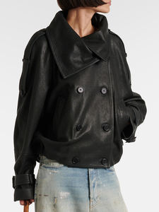 Giacca Corta da Motociclista da <span class=keywords><strong>Donna</strong></span> in <span class=keywords><strong>Vera</strong></span> <span class=keywords><strong>Pelle</strong></span> di Pecora Tinta Unita Autunnale con Collo alla Coreana Antivento Vestibilità Comoda Casual e alla Moda - Product Image 4