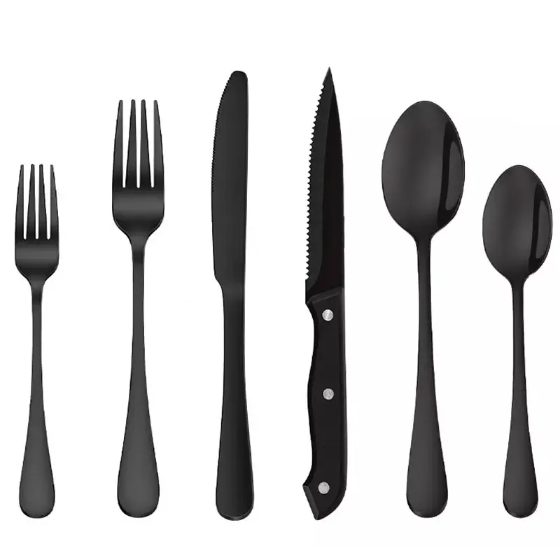 Hot sale reusable 6 piece set steak knife spoon fork restaurant stainless steel cutlery set with steak knife