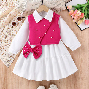 Vestido de algodão feminino outono com colete frisado lapela borboleta acessórios saco cross-border roupas infantis