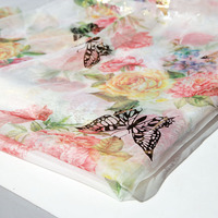 Nouveau design, tissu en tulle polyester à imprimé floral coloré et papillons dorés pour jupes, robes, décoration intérieure, rideaux et artisanat