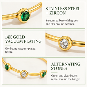 Bracelet jonc en zircon vert et transparent, acier inoxydable et zircon, placage sous vide en or 14 carats - Product Image 4