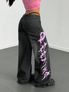Nuovi <span class=keywords><strong>Jeans</strong></span> Larghi da <span class=keywords><strong>Donna</strong></span> a Vita Bassa con Stampa, Pantaloni in Denim Stile Y2K Hip-Hop, Design a Gamba Larga e Dritta - Product Image 3