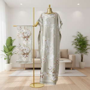 Vestido Kaftán + Pañuelo, Estampado Floral Bohemio, Satén Ligero, Túnica de Playa, Túnica Holgada para Vacaciones para Mujer, Color Beige Flor de Cerezo - Product Image 1