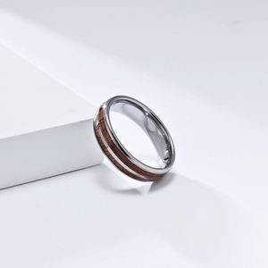 Anillo de cuero de grano de madera con incrustaciones de acero de tungsteno europeo y americano Anillo de madera de doble ranura de alto grado de oro de tungsteno - Product Image 6