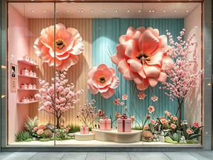 Ensemble de décorations de vitrine de printemps avec installations florales roses réalistes 1:1 pour un merchandising visuel artistique en magasin - Product Image 1