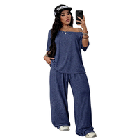 Ensemble 2 pièces tricoté pour femme, col bateau, t-shirt ample à manches courtes et pantalon large longueur cheville, tenue décontractée respirante