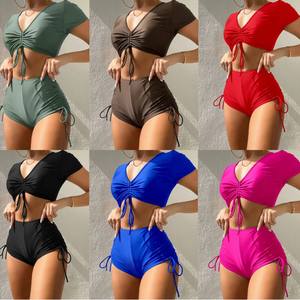 STOCK 6Colors Short Sleeve Top Boy Short Swimwear Draw String Details Sexi <strong>Lady</strong> <strong>Swimsuit</strong> XS-2XL - Product Image 1