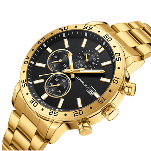 Montre Chronographe à Quartz pour Homme en Or avec 3 Cadrans, Bracelet en Acier Inoxydable, Multifonction, Étanche, Sportive avec Calendrier - Product Image 1
