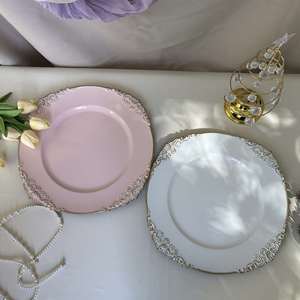 Assiettes de présentation rondes modernes en plastique, 13 pouces, rose et or, pour décoration de mariage, motif floral, vente en gros, pas cher - Product Image 2