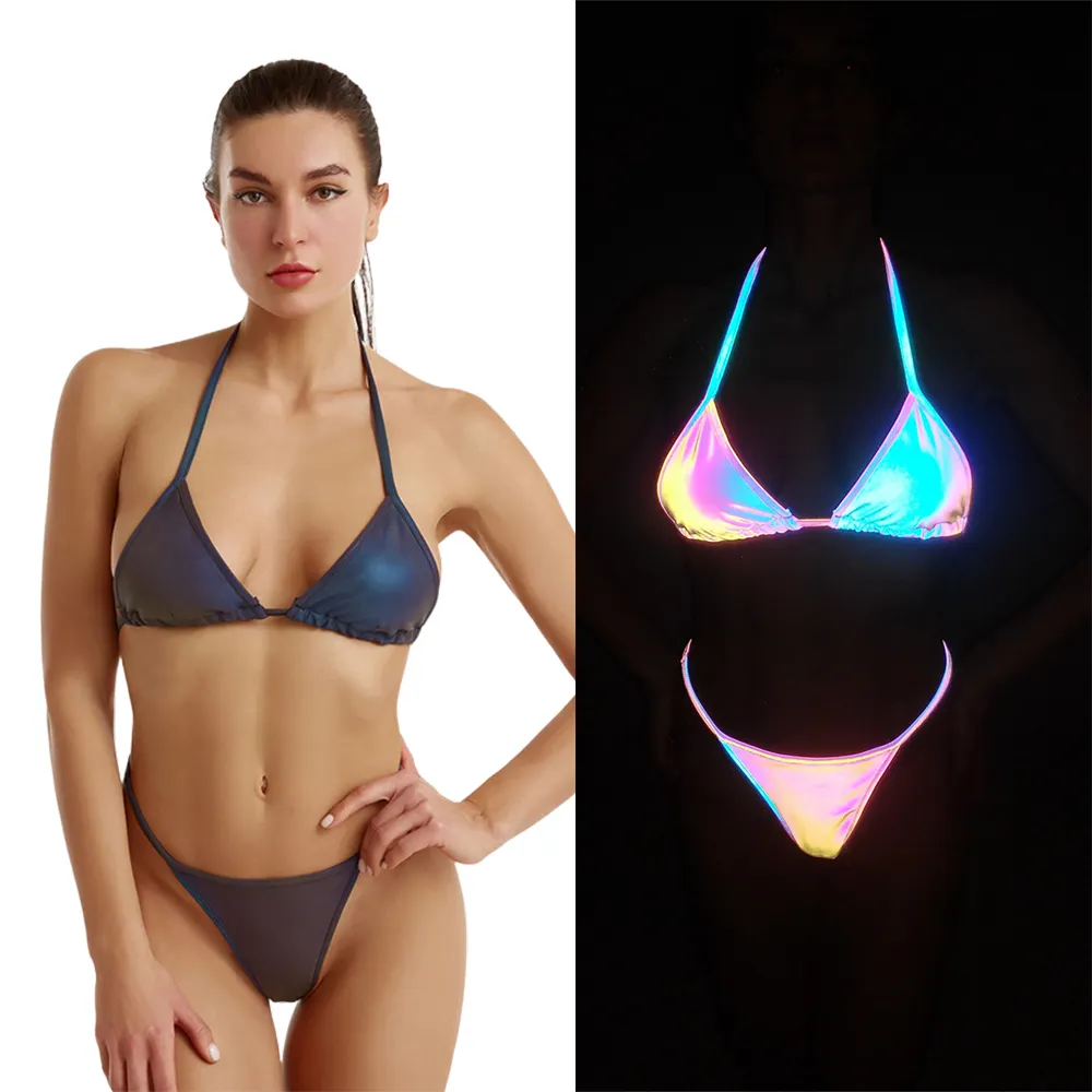 Baju Renang Laser Wanita, Pakaian Mandi Pinggang Rendah Reflektif Bikini Mikro Set Halter Pakaian Renang Seksi Penglihatan Malam Baju Renang Klub Malam Musim Panas