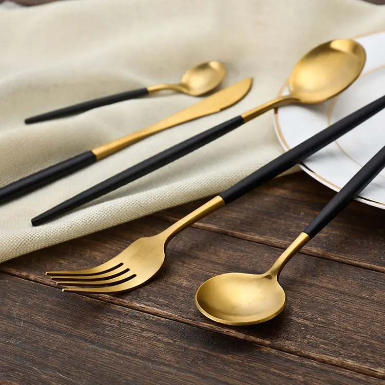 10%OFF D038 Hot Sale 304 Black and Gold Western Cutlery Restaurant Stainless Steel Wedding Metal Spoon Fork Cutlery