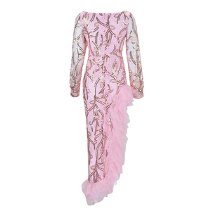 ชุดราตรีแขนยาวสำหรับฤดูใบไม้ร่วง ชุดราตรีผ้าตาข่ายยาวประดับเลื่อมผ่าข้างสีชมพู ชุดเดรสเลื่อม 2024 - Product Image 4