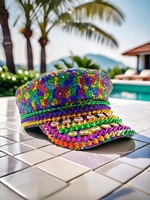 Chapeau de Capitaine à Paillettes Arc-en-ciel en Gros, 3 MOQ, Multicolore, avec Strass et Pierres Précieuses, pour Festival de Musique Rave, Soirée Décontractée, Plage
