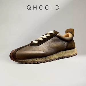 QHCCID รองเท้าหนังสไตล์เรโทรสีน้ำตาลแบบผูกเชือกส้นเตี้ยรองเท้าลำลองสำหรับออกกำลังกาย - Product Image 3
