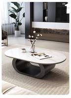 Table basse ovale en pierre frittée blanche avec cadre en fer noir incurvé, anti-rayures, imperméable, moderne, pour salon, table à thé, décoration de la maison