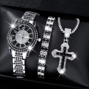 Ensemble de 3 montres roses pour femmes 2025 avec collier croix et strass, montre-bracelet tendance pour femme, ensemble décontracté de montres et bracelets pour dames - Product Image 5