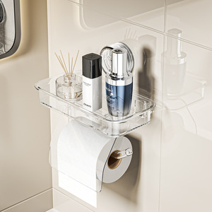 Yimijia Bathroom <b>Tissue</b> Holder Suction Cup Wall Mount No Drill Toilet <b>Paper</b> Storage Box With Shelf For Bathroom - Product Image 3