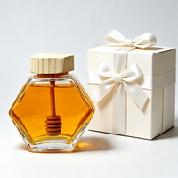 Pot à miel hexagonal en verre couleur personnalisée avec cuillère à miel en bois intégrée, pot à miel de qualité alimentaire avec couvercle en bambou, emballage pour miel
