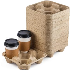 Plateaux porte-gobelets jetables 4 tasses, porte-gobelets en fibre de pulpe compostable, porte-gobelets à café durables pour service de livraison - Product Image 1