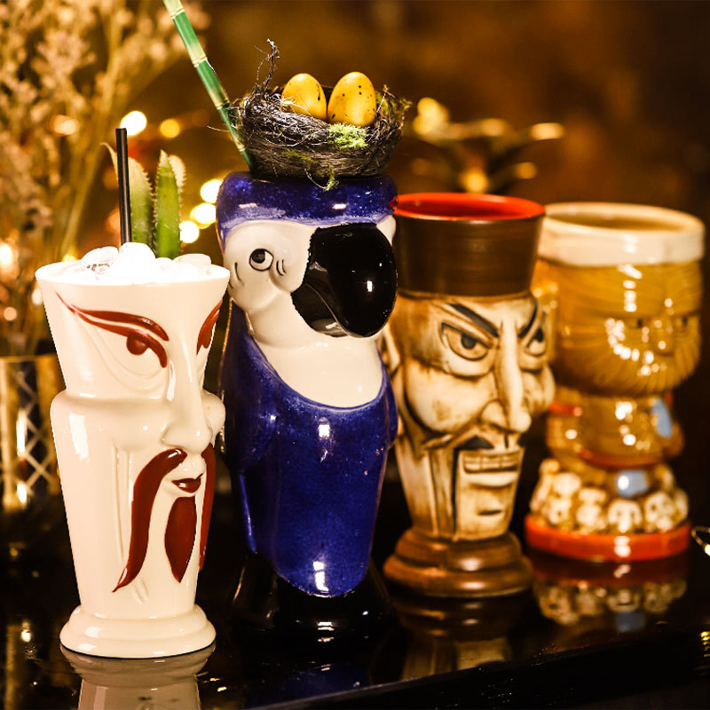 SuproBarware Tiki Tazze per cocktail, set di 2 grandi tazze tropicali in ceramica hawaiana Party