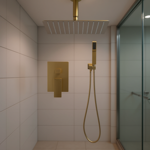 Set combinato di soffione doccia portatile e da 12 pollici, montato a soffitto, finitura in ottone, design minimalista per il bagno - Product Image 2
