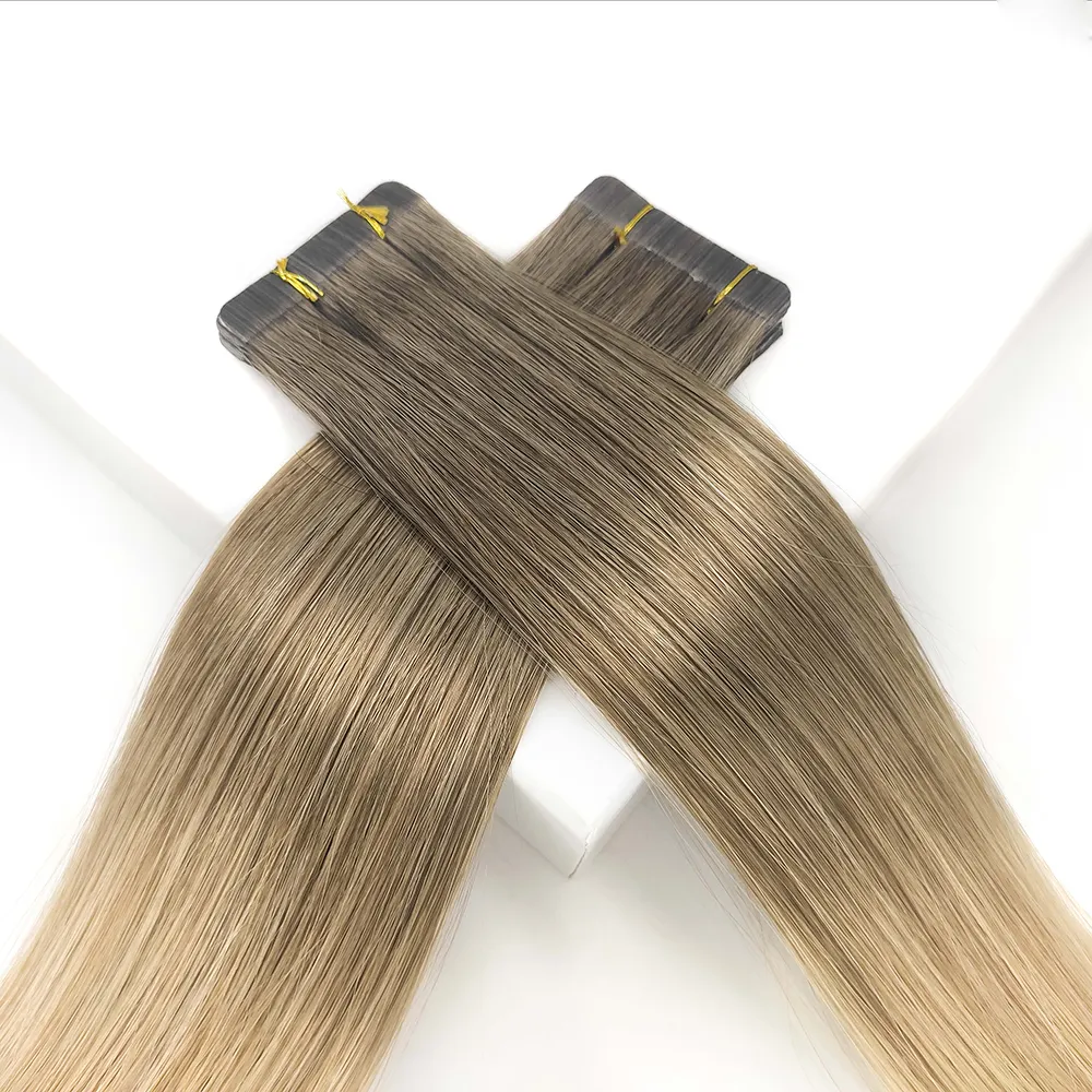 100% Drawn Virgin Remy Hair Ombre Blonde Tape in Human Hair Russian Tape-in Hair Extensions Natural
