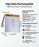 Baterai Lipo Isi Ulang Daya Tinggi 3.7V Flat Pouch Semi-solid State Kelas A+ 500 Siklus 950mAh 1000mAh 2C 3.51Wh 3.7Wh untuk Remote