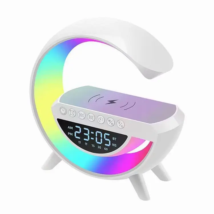 Popular multifuncional en forma de G altavoz Bluetooth reloj despertador LED lámpara de música con cargador inalámbrico de teléfono