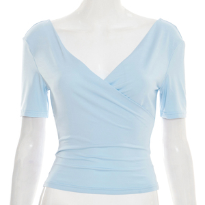 Viviblook Y26TP059 Camiseta informal de primavera y verano para mujer, nueva camiseta con cuello en V cruzado, manga corta, corte ajustado, Top para mujer - Product Image 5